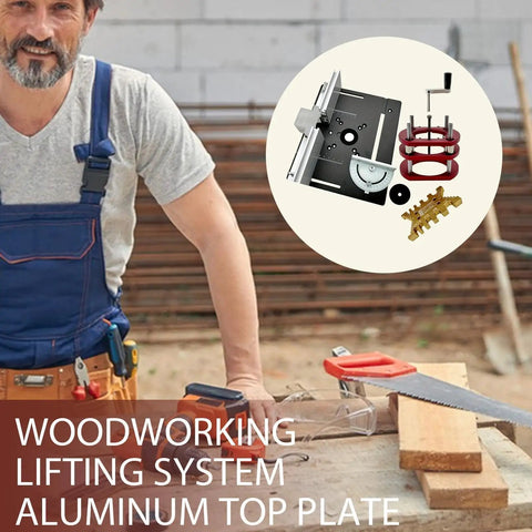 Premium Rock Solid Manual Router Lift System With Table Saw Insert Base Plate, showing aluminum top plate for precise adjustments.