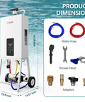 Powerful 105000 BTU Propane Pool Heater Delivers Crazy Fast Heating For Above Ground Pools Hot Tubs And Spas With Digital Thermostat Portable With Wheels For Easy Outdoors shown with dimensions and accessories.