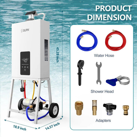 Powerful 105000 BTU Propane Pool Heater Delivers Crazy Fast Heating For Above Ground Pools Hot Tubs And Spas With Digital Thermostat Portable With Wheels For Easy Outdoors shown with dimensions and accessories.
