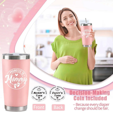 Celebrate The Freshly Minted Arrival Of New Mama And Papa With This Awesome Gift Set For Couples Featuring Matching Tumblers Paired With A Warm Cozy Candle Perfect For Baby Showers First Fathers Day And Parenting Squad Celebrations - Pink insulated tumbler held by pregnant woman, decision-making coin included.