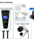 Image showing contents of Wall Mounted EV Charger Station Smart 7Kw Single Phase, including charger, RFID cards, and Type 2 connector.
