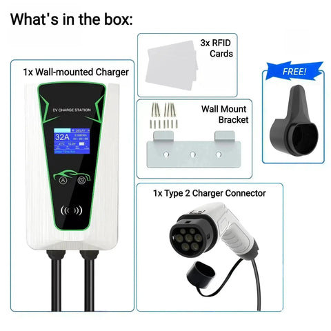 Image showing contents of Wall Mounted EV Charger Station Smart 7Kw Single Phase, including charger, RFID cards, and Type 2 connector.