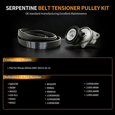 High Performance Serpentine Belt Tensioner Pulley Kit Fits Nissan Altima 2007 2013 2 5L L4 Engine Replacing OE Parts For Reliable Daily Driving And Smooth Operation Under Pressure belt and pulley set