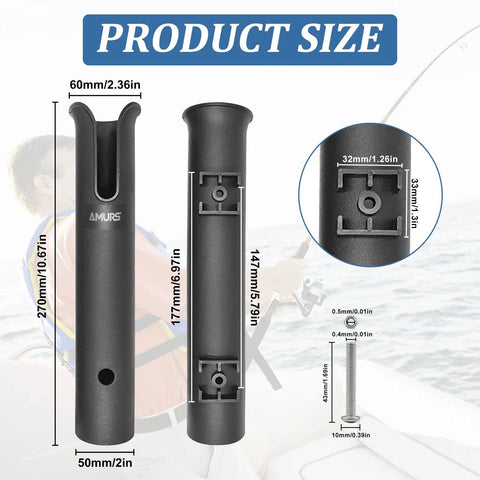 "Six Tube Fishing Rod Holder Bracket Black With Screws ABS Plastic Rugged Pole Storage Mount with dimensions listed"