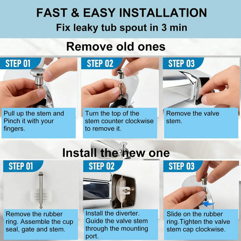 Installation guide for 2 Pack Universal Tub Spout Diverter Repair Kit With Valve Stems Cup Seals And Gates To Get Rid Of That Drip.