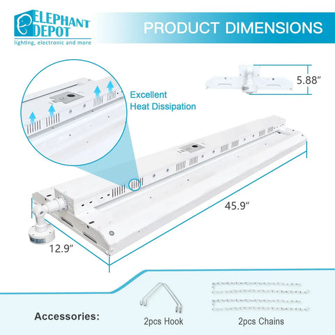 4Ft Led Linear High Bay Shop Light Offering 300W Output And Slick Dimmable Controls Features Smart Motion Sensor for detailed dimensions and design.