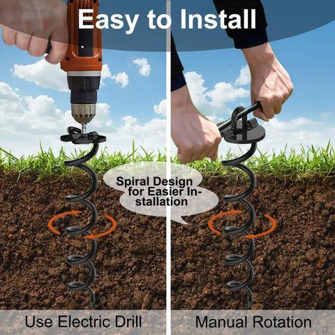 Four Piece Spiral Stakes Beefy Heavy Duty Ice Screw Anchors For Trampolines Tents Tarps Canopies Car Ports And Dog Tie Outs Plus Bonus Tie Down Straps Black being installed with drill and by hand