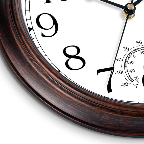 Close-up of Vintage Bronze 8.5 Inch Outdoor Wall Clock With Thermometer Silent Battery Operated Retro Vibes Non Tick Clock