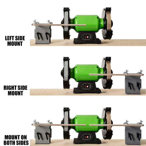 Bench Grinder Mounting Kit For Tormek Sharpening Jigs And Universal Arm With Height And Depth Adjustable Support shown in use on bench grinder