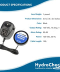 Smart Water Leak Detector Alarm For Home And Basement, black unit with cable and plug, USA Made Water Sensor details displayed