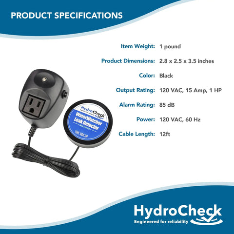 Smart Water Leak Detector Alarm For Home And Basement, black unit with cable and plug, USA Made Water Sensor details displayed