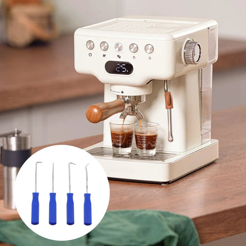 White espresso machine with brown accents brewing coffee, with inset image of 4 blue-handled tools for Silicone E61 Group Head Gasket 8mm. 