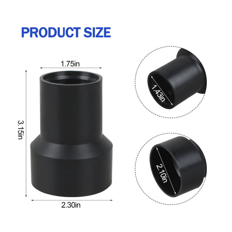 27mm Vacuum Hose Adapter Fits Two And A Quarter Inch Table Saw Dust Ports And Six Inch Orbital Sander; dimensions labeled.