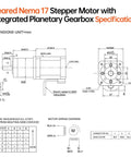 Technical specifications drawing of Geared Nema 17 Stepper Motor With Integrated Planetary Gearbox, showing dimensions and wiring diagram.