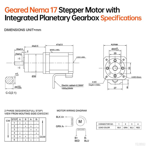 Technical specifications drawing of Geared Nema 17 Stepper Motor With Integrated Planetary Gearbox, showing dimensions and wiring diagram.