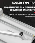 Ylpddmm Professional I-Bar Shrink Wrap Machine With Adjustable Heat Control And Stainless Steel Roller Tray showing the roller tray for film dispensing.