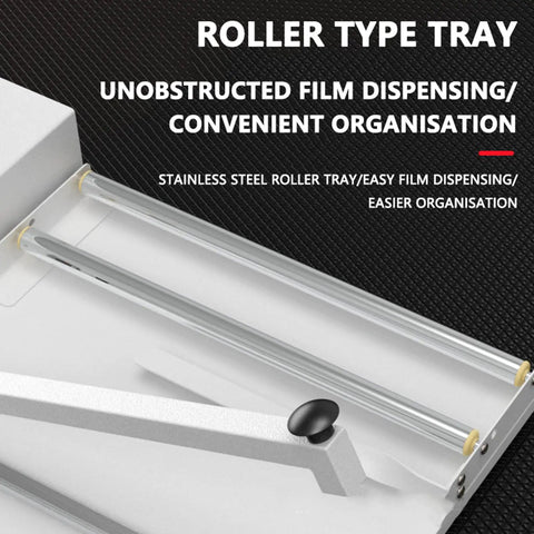 Ylpddmm Heat Sealer Shrink Wrap Machine stainless steel roller tray for easy film dispensing and organization.