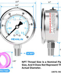 Liquid Filled Pressure Gauge, Stainless Steel 316 Joint, 1/4 NPT, 2.5 Inch Dial, Lower Mount, 0-50 PSI, front and side view