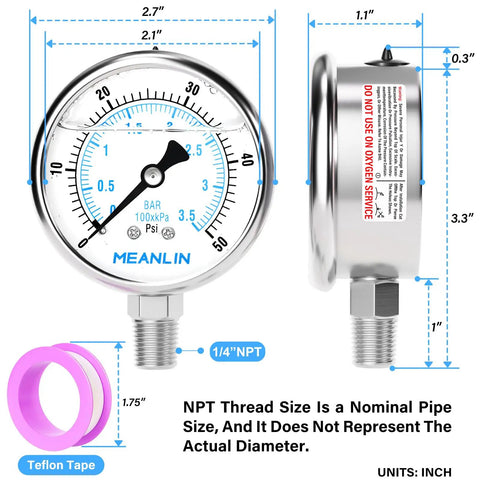 Liquid Filled Pressure Gauge, Stainless Steel 316 Joint, 1/4 NPT, 2.5 Inch Dial, Lower Mount, 0-50 PSI, front and side view