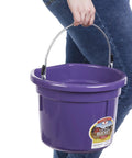 Person holding Flat Back Plastic Animal Feed Bucket With Metal Handle For Horse Stall Feeding And Watering Purple 8 Quart Durable Polyethylene