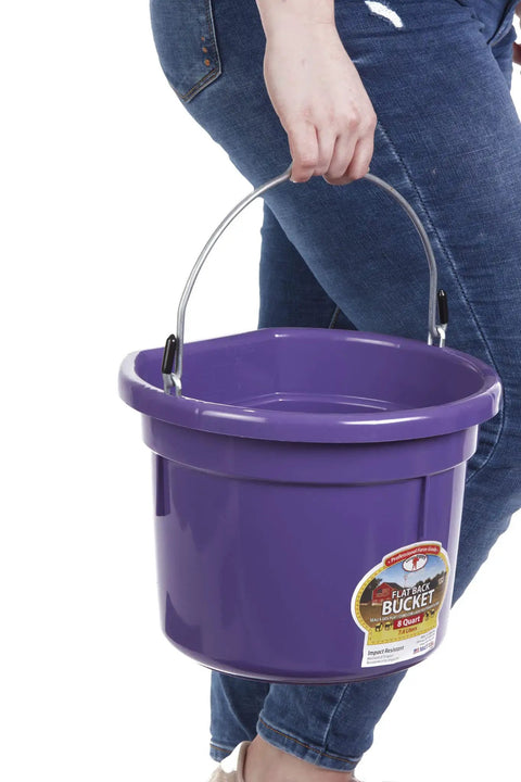 Person holding Flat Back Plastic Animal Feed Bucket With Metal Handle For Horse Stall Feeding And Watering Purple 8 Quart Durable Polyethylene