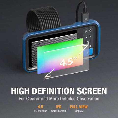 Dual Lens Endoscope With Light For Auto And Home Inspections, Borescope Camera With Flexible Cable, Handy Internal View For Cylinders, Pipes, And Wall Voids. 4.5-inch display