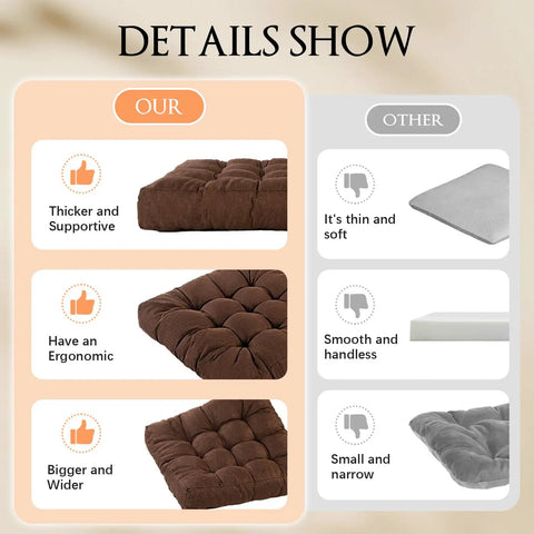 Meditation Floor Cushions Set Of 2 Comfy Thickened Memory Foam Pillows For Adults Large 22 By 22 Inch Square Seat Cushions For Tatami Living Room And Yoga With Back Support Pain Relief And Cozy Brown thicker tufted brown floor cushion close-up