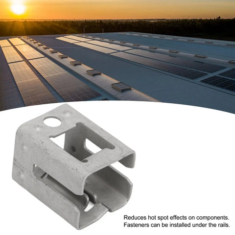 No Sweat Solar Mounting Brackets With Quick Snap Buckles And Rock Solid Spring Steel Clamps For Photovoltaic Systems Zinc Coated close-up on roof.