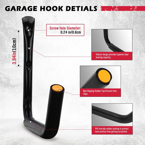 Heavy Duty 4 Piece 15 Inch Garage Storage Hooks Wall Mount Set Up To 100 Lbs Per Hook Jumbo Arm for kayaks and bikes side view