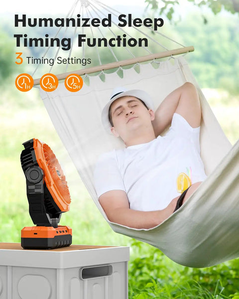 3 In 1 Portable Camping Fan With Light And Power Bank Detachable 36000mAh Battery next to relaxing man in hammock outdoors