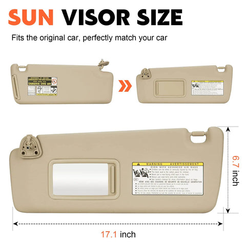 Beige Driver Side Sun Visor Replacement For 2004 2005 2006 2007 Toyota Highlander Left Hand Fits 74320-48260-A0 And 74310-48220-A0, Easy Install, showing dimensions and mirror