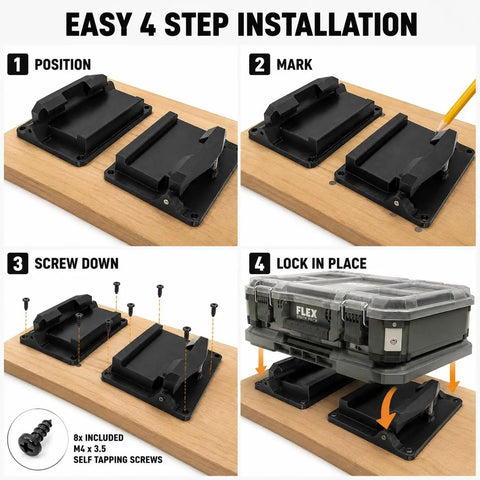4-step installation of 2 Pack Bottom Latch Mounts For Flex Stack Pack Toolbox Bracket on wooden surface