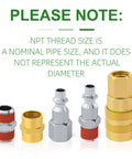 Air Hose Fittings Kit 1/4 Inch NPT Quick Connect Coupler And Plug Set I M Type 14 Pieces For Air Compressors, displayed with caution note.