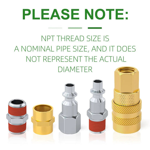 Air Hose Fittings Kit 1/4 Inch NPT Quick Connect Coupler And Plug Set I M Type 14 Pieces For Air Compressors, displayed with caution note.