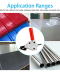 Power Drill Shear Attachment for metal cutting, shown with iron plates, stainless steel, alloy plates, and plastic plywood applications.