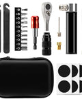 Bike Repair Tool Kit With Mini Pump And 10 Magnetic Bits Alloy Multitool laid out with carrying case and tire patches