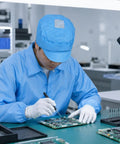 Five Pack Blue Anti Static Caps Featuring Breathable Mesh Panels And Reliable Dust Blocking Defense For Cleanrooms Laboratories And Industrial Shop Grind Heavy Duty Headwear Engineered To Keep You Cool And Confident On The Daily worn by technician working with circuit board