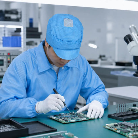 Five Pack Blue Anti Static Caps Featuring Breathable Mesh Panels And Reliable Dust Blocking Defense For Cleanrooms Laboratories And Industrial Shop Grind Heavy Duty Headwear Engineered To Keep You Cool And Confident On The Daily worn by technician working with circuit board