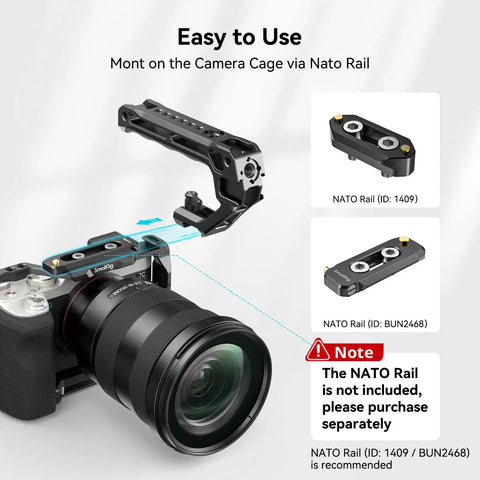 Lightweight NATO Top Handle for DSLR camera with mounting guide, no NATO Rail, quick release, five cold shoe adapters, anti-slip grip