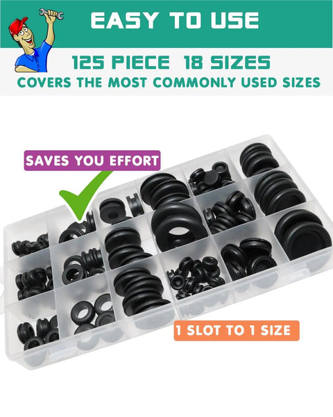 Rubber Grommet Kit 125 Pieces In Eighteen Sizes For Wiring And Automotive Firewall Protection, durable case view