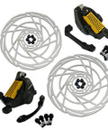 Front And Rear Post Mount Mechanical Disc Brake Set Including Matched Rotors In Classic Black Gold Finish with steel rotors and mounting hardware.