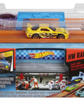 Race Case Track Set With Dual Launchers and 1:64 scale cars in packaging, featuring a yellow car on track, portable storage case