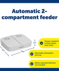 Smooth Operator Two Meal Automatic Pet Feeder With Dial Timer for Dogs and Cats displaying two compartments and tamper-resistant features.