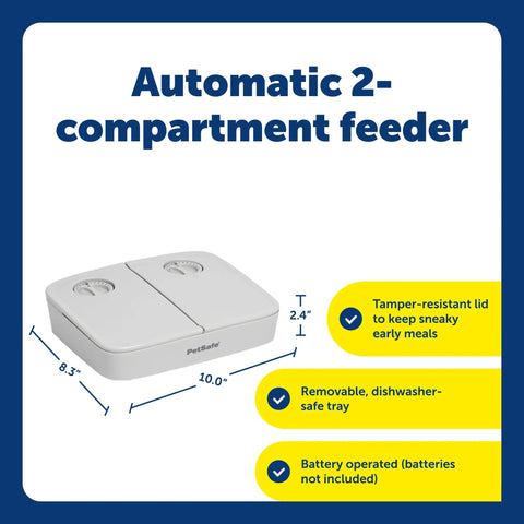 Smooth Operator Two Meal Automatic Pet Feeder With Dial Timer for Dogs and Cats displaying two compartments and tamper-resistant features.