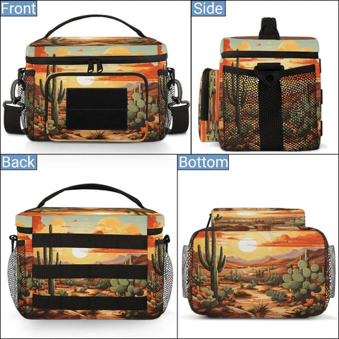 Flower Cactus Desert Tactical Lunch Bag For Men And Women Insulated Leakproof Lunch Box with side pockets and desert print