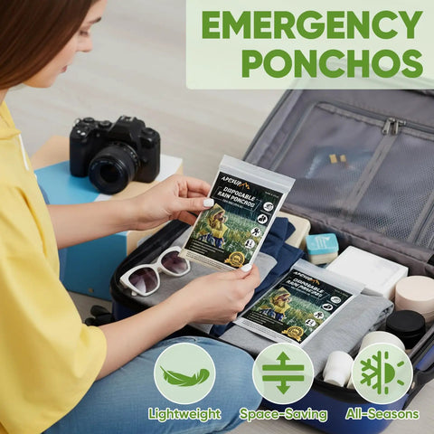 Person packing Disposable Rain Ponchos For Adults Ultra Lightweight And Durable Waterproof Lifesaver Rain Gear In Clear Color into suitcase.
