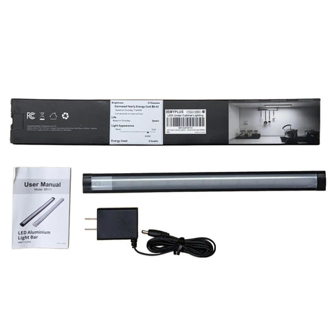 Under Cabinet LED Light Bar 12 Inch Touch Activated And Dimmable Aluminum Fixture For Kitchen Workbench And Desk Cold White 6000K Plug In Silver Finish No Fuss Easy Tap Control shown with packaging and manual