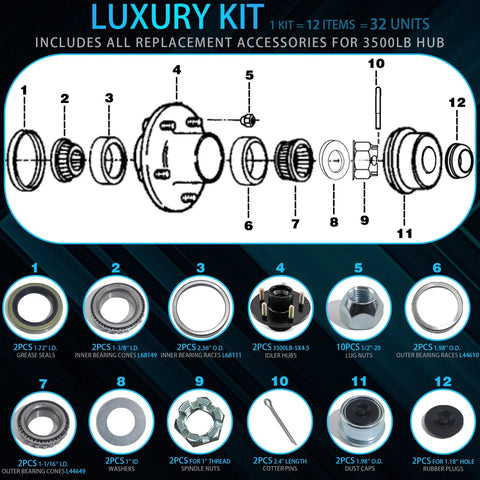 iBroPrat 3500lb trailer idler hub kit exploded view with 12 components for 5-bolt 4.5 in spindle