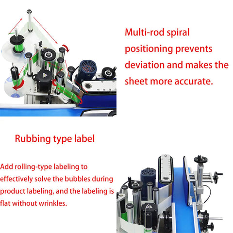 Close-up of Smooth Operator High Speed Automatic Round Bottle Labeling Machine With Desktop Conveyor Belt, showing labeling mechanisms.