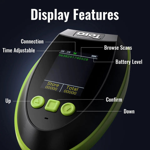 Wireless Barcode Scanner With Screen Pro Edition 1D 2D QR Scanner display features and buttons visible